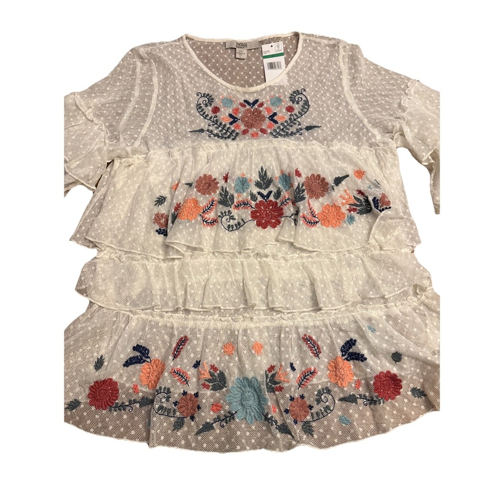 New Womens L Lace Floral Embroidered Layered Sheer‎ Shirt Blouse Boho Festival